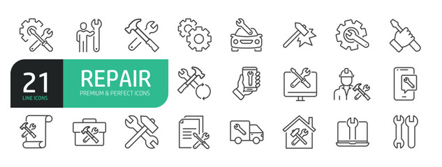 Set Of Repair Line Icons. The set includes a Maintenance, Repairman, Home Repair, Customer Service, Car Repair, Tools, Appliance Repair, and more.