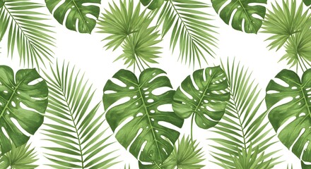 Lush Tropical Watercolor Seamless Pattern: Vibrant Monstera and Palm Leaves for Textile Design