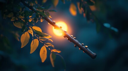 A Branch With Leaves Illuminated By A Glowing Light Source