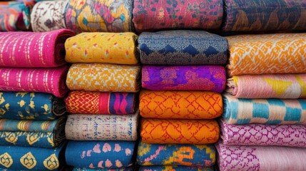 Pile of Vibrant Patterned Textiles: A Kaleidoscope of Color and Texture