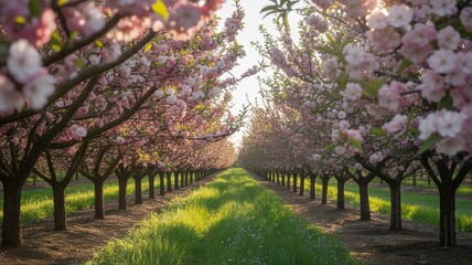 Beautiful orchard of blooming cherry blossom trees in a vibrant spring landscape sunlight
