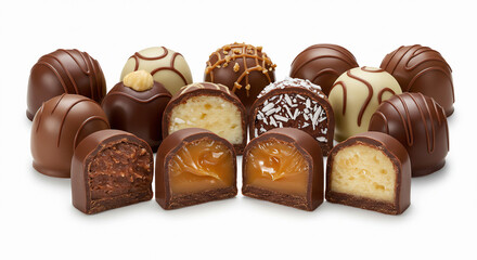 Assorted filled bonbons cut open to reveal creamy centers on a white background.