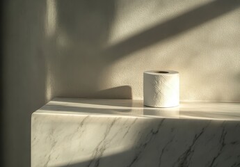 Simple roll of toilet paper on a marble shelf