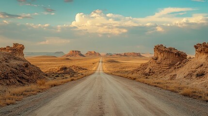 Fototapeta premium Desert Road Leading to Mesas Under Cloudy Sky