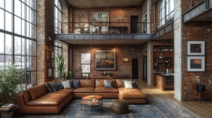 Loft apartment with exposed brick, large windows, and a brown leather sectional sofa
