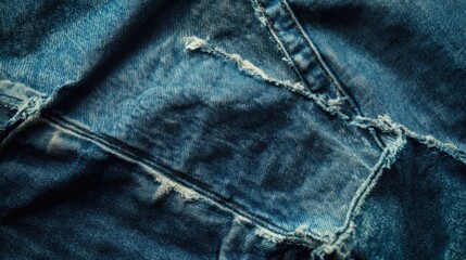 Naklejka premium Distressed Blue Denim Fabric with Seams and Fraying