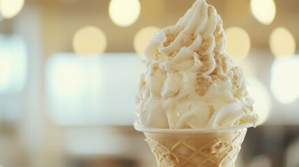 Delicious ice cream cone with whipped cream and sprinkled toppings