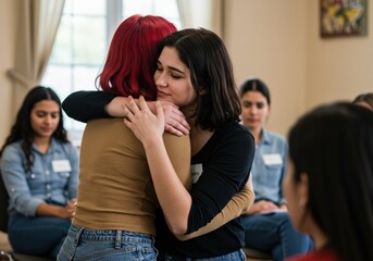 Two women share a supportive hug during a therapy session, fostering connection and care.