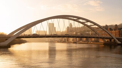 Obraz premium Golden hour view of a modern arch bridge spanning a river with city skyline