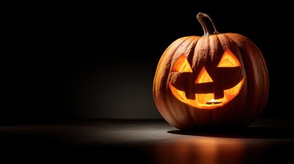 Glowing halloween pumpkin carving with dark background creates spooky seasonal atmosphere