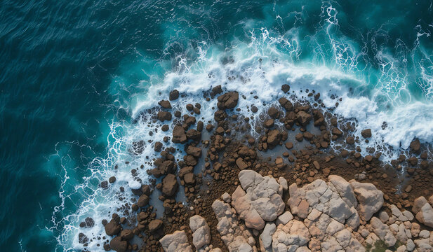 Aerial view of ocean waves crashing against rocky shoreline. Turquoise water and contrasting rock formations.
