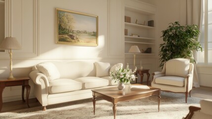 Cozy living room setting, bright natural light illuminating stylish furniture, inviting atmosphere perfect for relaxation.