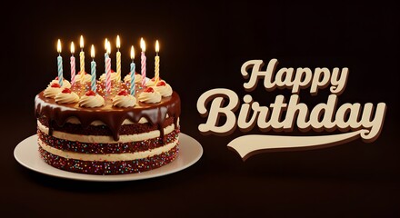 Birthday Cake with Candles on a Plate and Happy Birthday Text