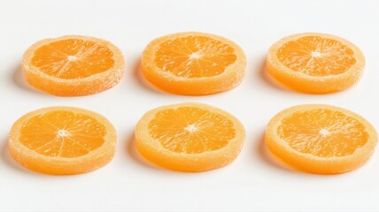 Fototapeta premium Six Glistening Sugared Orange Slices on White Background