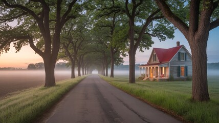 Fototapeta premium Morning road leading to a peaceful country home with red roof and whispering fog