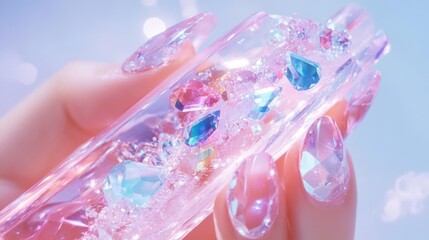 Colorful phone case in hand, stylish individual showcasing vibrant design with gems, ideal for tech fashion enthusiasts.