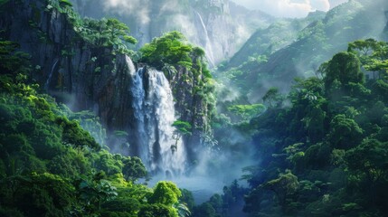 Obraz premium Jungle Landscape with Waterfalls and Lush Vegetation