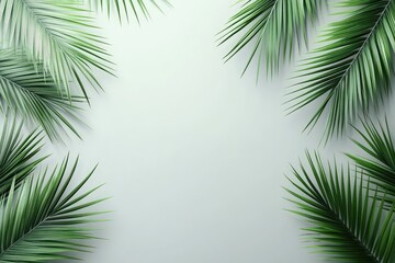 Fresh palm leaves frame a light gray background