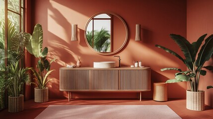 Modern bathroom with terracotta walls, wooden vanity, and tropical plants. Sunlight streams through large windows