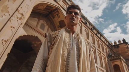 Fototapeta premium Man in Traditional Clothing in Front of Building
