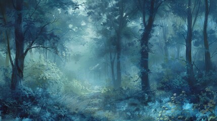 Fototapeta premium Misty Forest Landscape with Trees and Foliage