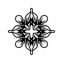Intricate black and white floral design featuring symmetrical patterns and curves with a minimalist backdrop