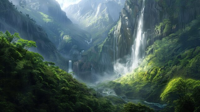 Mountain Valley with Waterfalls and Green Vegetation. - Powered by Adobe