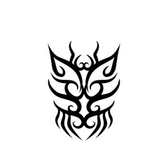 Intricate tribal butterfly design with elegant curves and sharp edges on a plain white background