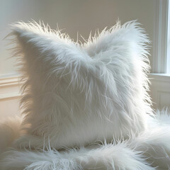 A cozy faux fur cushion in snowy white, perfect for winter decor.