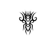 Abstract tribal design featuring intricate black patterns resembling a mythical creature