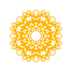 Vibrant yellow mandala design with intricate floral patterns on a white background, ideal for art projects
