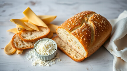 tavolo della cucina con pane  farina e spighe di grano