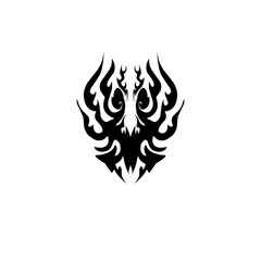 Intricate black tribal design with flames and swirls on a white background, perfect for tattoos or artwork