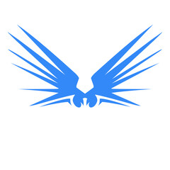 Abstract blue wing design with dynamic shapes, evoking flight and freedom in a minimalist style