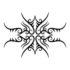 Intricate tribal tattoo design featuring swirling patterns and sharp edges on a blank background