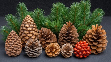 Group of various pine cones and greenery on dark background.