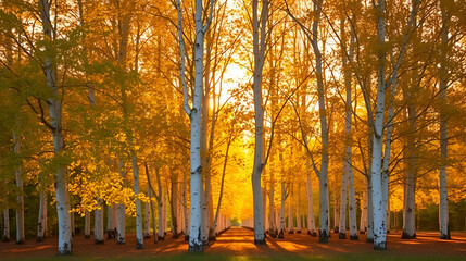 Fototapeta premium The warm glow of golden hour illuminates a grove of White Poplar trees, casting a serene light on the autumn foliage