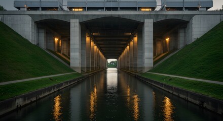 Obraz premium Canal Runs Under Concrete Structure with Lighting Reflections