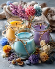 A beautiful selection of handmade soy wax candles A beautiful arrangement of scented candles surrounded by colorful dried flowers, creating a cozy atmosphere.