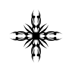 Intricate black and white tribal design showcasing symmetrical patterns with sharp edges and curves