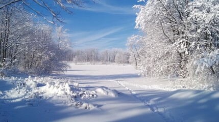 Fototapeta premium Snow-Covered Trees and Field under Blue Sky