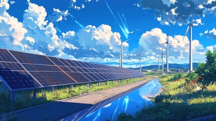 Solar Panels and Wind Turbines with Water Canal Landscape