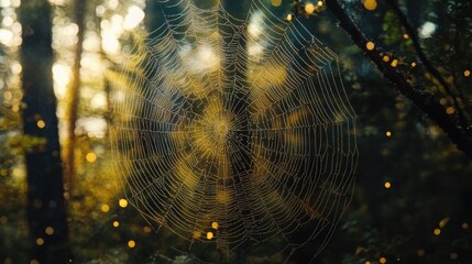 Spiderweb with Dew Drops in Forest