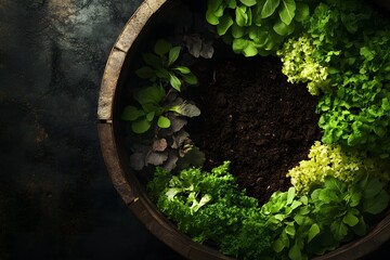 Overhead view of freshly planted salad greens growing in a wooden planter