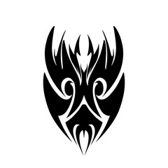 Abstract black tribal design featuring swirling patterns and sharp edges on a white background