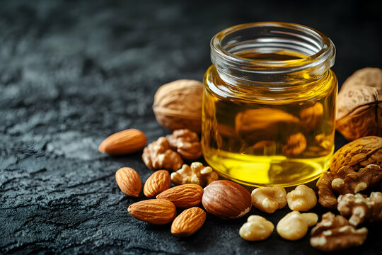 Healthy oil with assorted nuts in a jar showing nutrition and dietary benefits