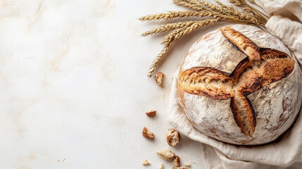  Rustic loaf of freshly baked bread sitting on a white background 