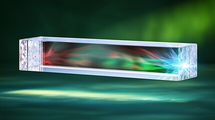Transparent rectangular prism showcasing vibrant colored energy patterns