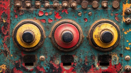 Three Control Knobs on Weathered Metal Panel