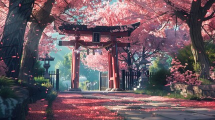 Torii Gate with Cherry Blossoms in Japanese Garden